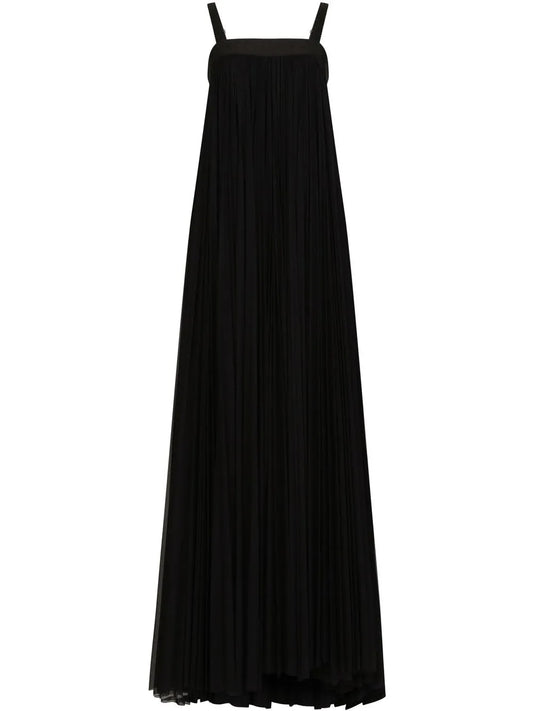 Dolce Gabbana Pleated Tulle Maxi Dress — Black — Size XS — Front View