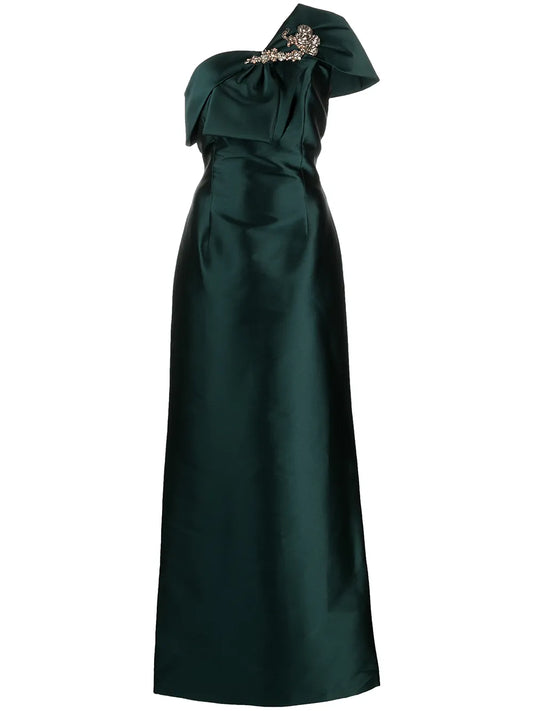 Sachin Babi Ines Crystal Embellished Satin Gown — Green — Size XS — Front View