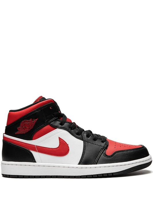 Air Jordan 1 Mid Bred Toe Sneakers — White/Black/Red — Size US M 10.5 - US W 12 — Front View