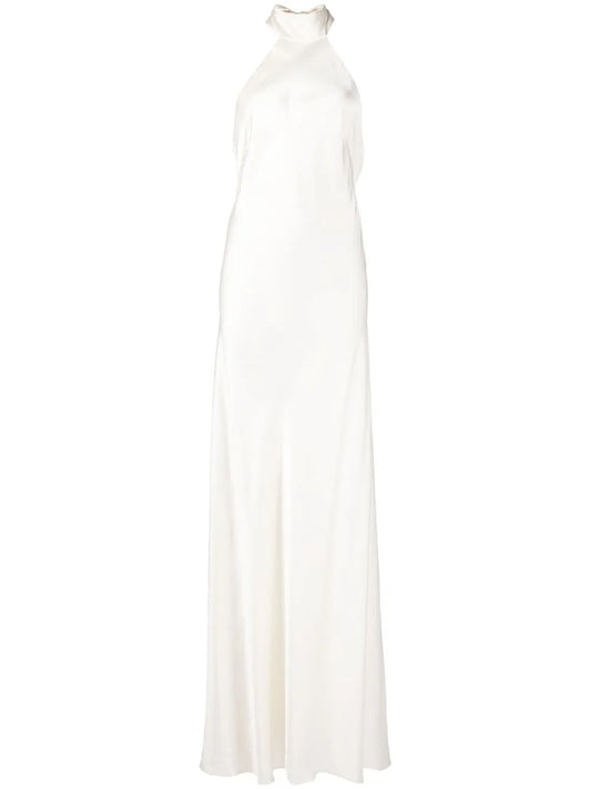 Michelle Mason Backless Halter Neck Tie Gown — White/ Ivory — Size XS — Front View