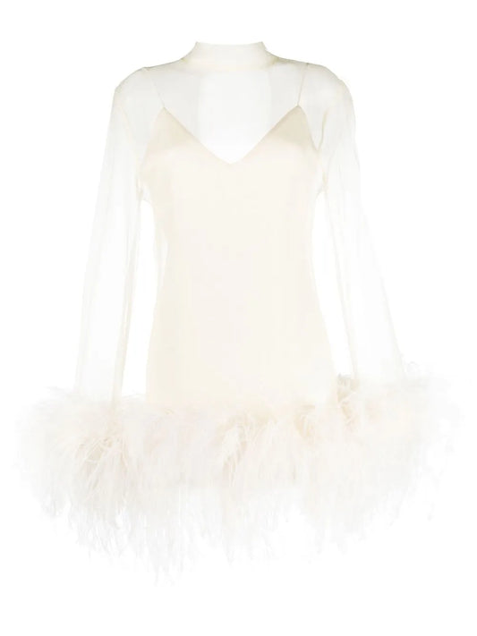 Taller Marmo Gina Spirito Feather Trim Minidress — White/ Ivory — Size S — Front View