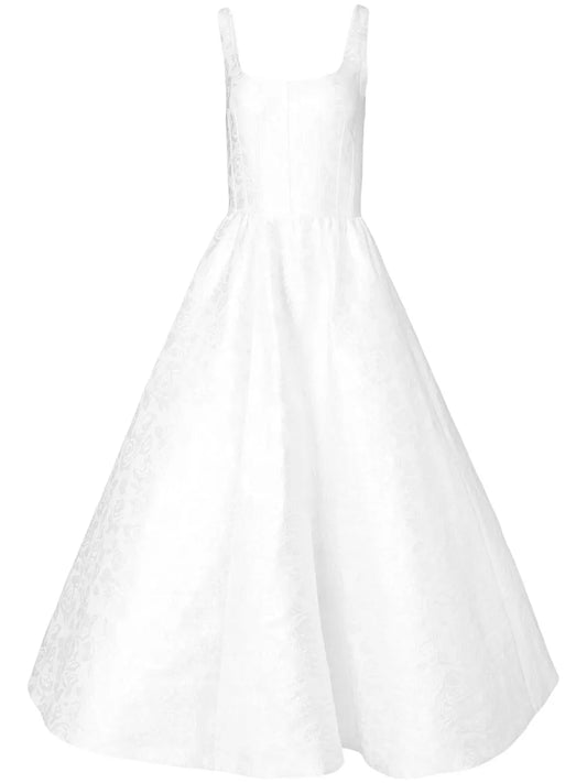 Carolina Herrera Patterned Jacquard Midi Dress — White/ Red — Size XS — Front View