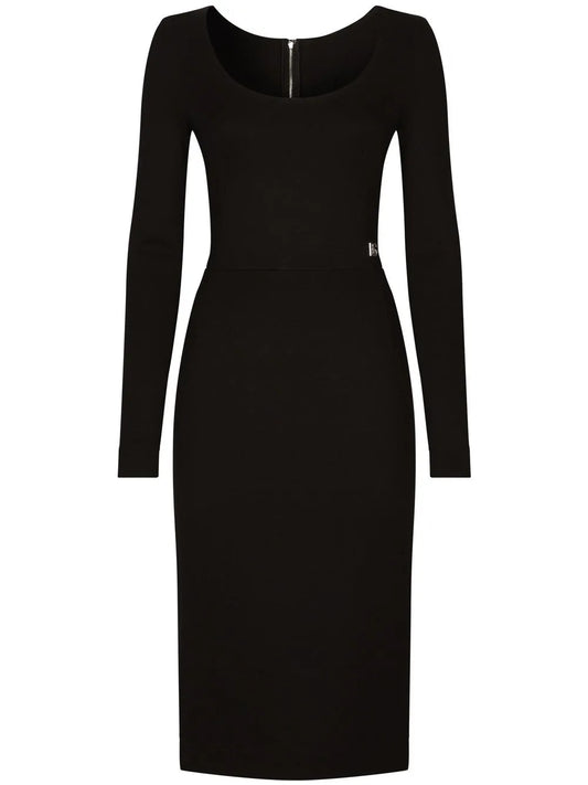 Dolce Gabbana Dg Logo Milano Rib Midi Dress — Black/ Gold — Size XL — Front View