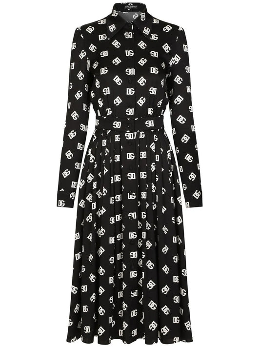 Dolce Gabbana Logo Print Belted Midi Dress — White/ Red — Size S — Front View