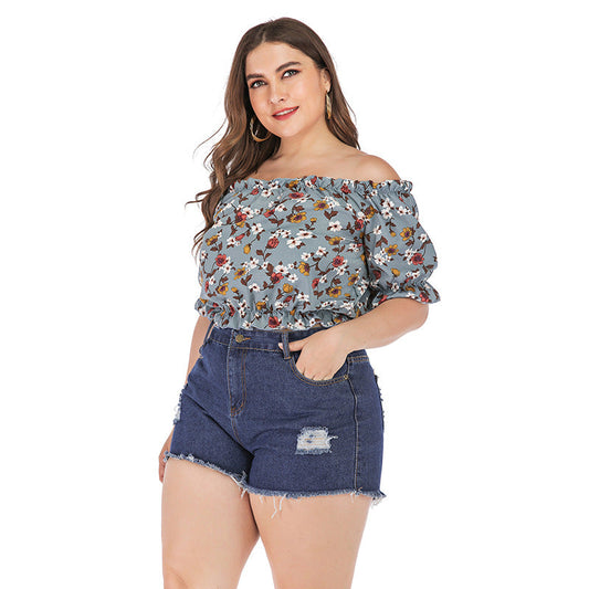Sexy shoulder strapless top women — Grey blue — Size 3XL — Front View