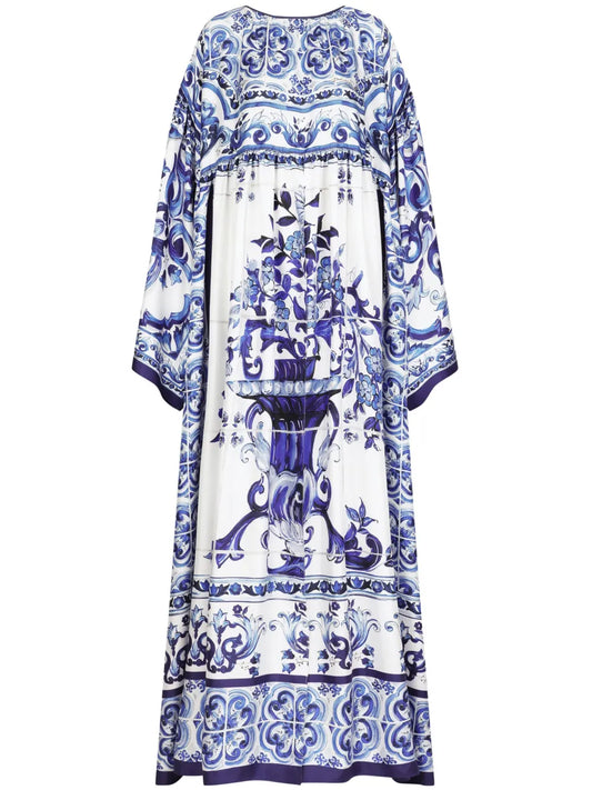 Dolce Gabbana Majolica Print Silk Dress — White/ Tan/ Blue — Size XS — Front View