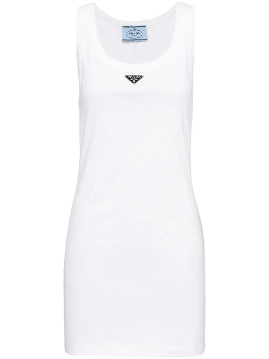 Prada Logo Plaque Ribbed Knit Minidress — White/ Tan/ Red — Size XS — Front View