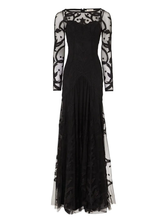 Temperley London Francine Tattoo Floral Embroidered Tulle Dress — Black/ Red — Size XS — Front View