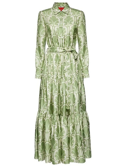 La Doublej Long Sleeve Tied Waist Dress — White/ Green/ Olive/ Cream — Size S — Front View
