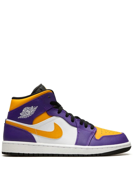 Air Jordan 1 Mid Lakers Sneakers — Dark Purple/Yellow/White/Black — Size US M 11.5 - US W 13 — Front View