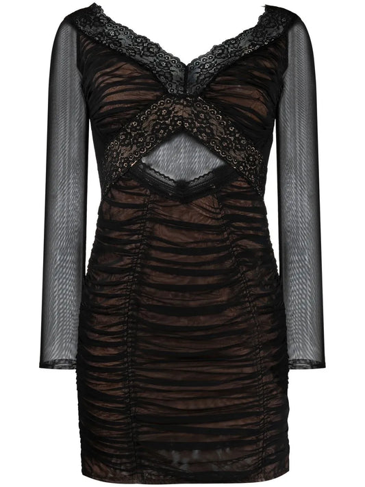 Self Portrait Lace Trim Mesh Mini Dress — Black — Size XS — Front View