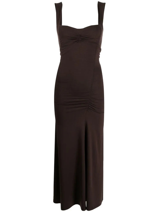 Reformation Suvi Ruched Midi Dress — Brown — Size XS — Front View