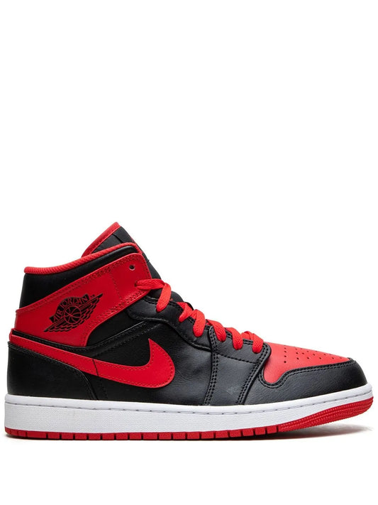 Air Jordan 1 Mid Alternate Bred Sneakers — Black/White/ Fire Red — Size US M 9.5 - US W 11 — Front View