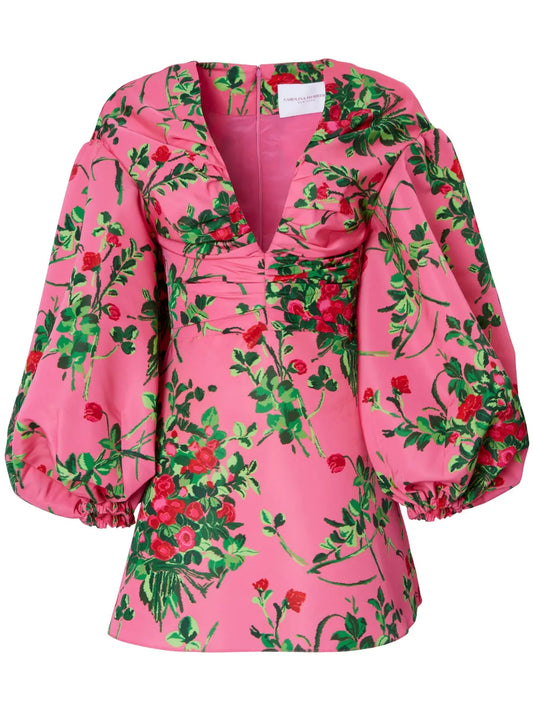 Carolina Herrera Floral Print V Neck Dress — Pink — Size XS — Front View