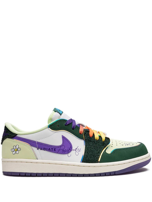 Air Jordan 1 Low Og Doernbecher 2023 Sneakers — Green/Purple/White — Size US M 10.5 - US W 12 — Front View