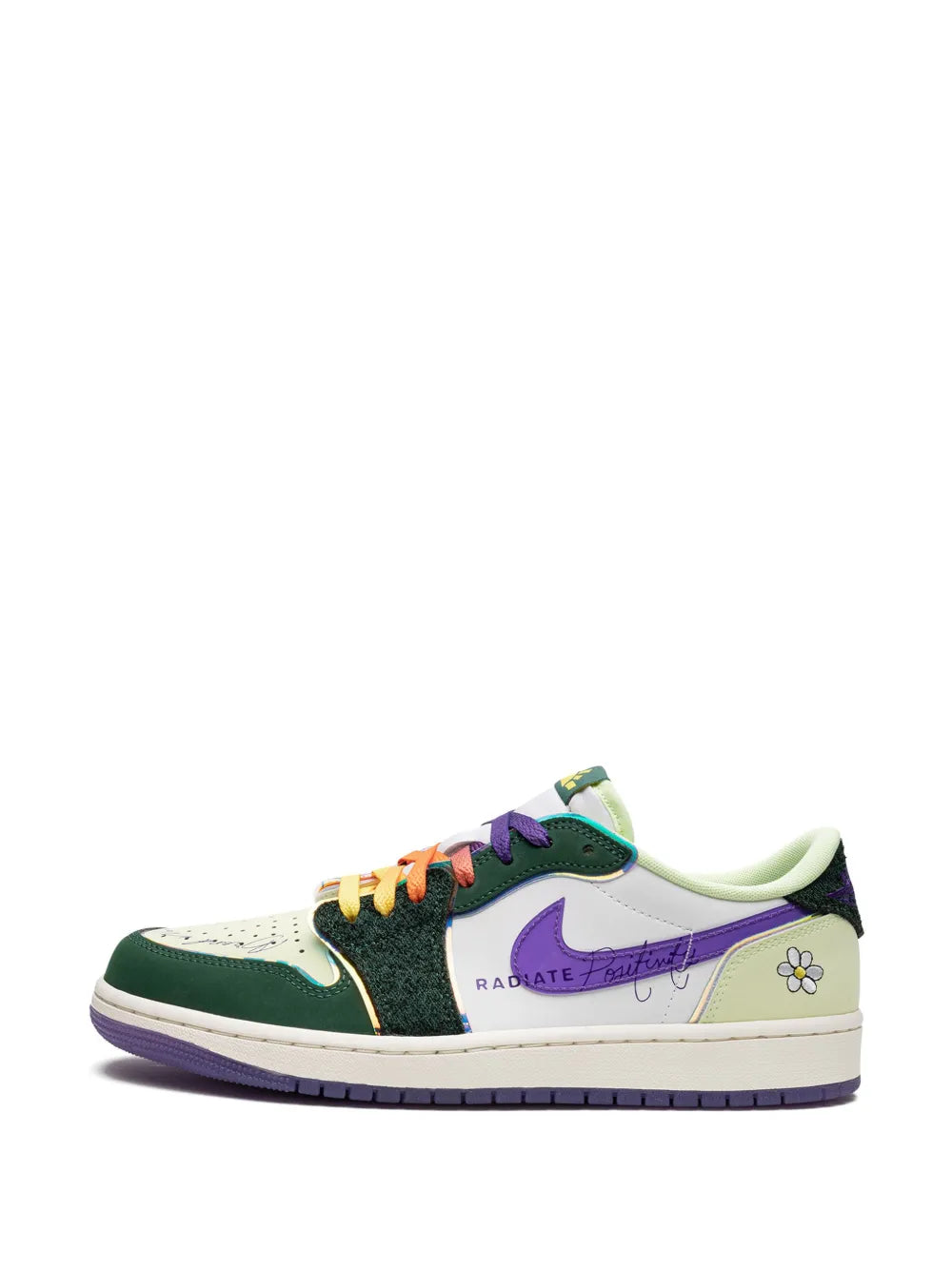 Air Jordan 1 Low Og Doernbecher 2023 Sneakers — Green/Purple/White — Size US M 10.5 - US W 12 — Detail View