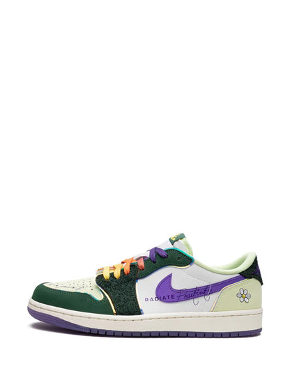 Air Jordan 1 Low Og Doernbecher 2023 Sneakers — Green/Purple/White — Size US M 10.5 - US W 12 — Detail View