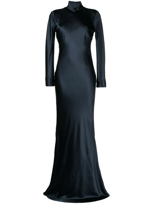 Michelle Mason Open Back Long Sleeve Gown Dress — Blue/ Navy — Size XS — Front View