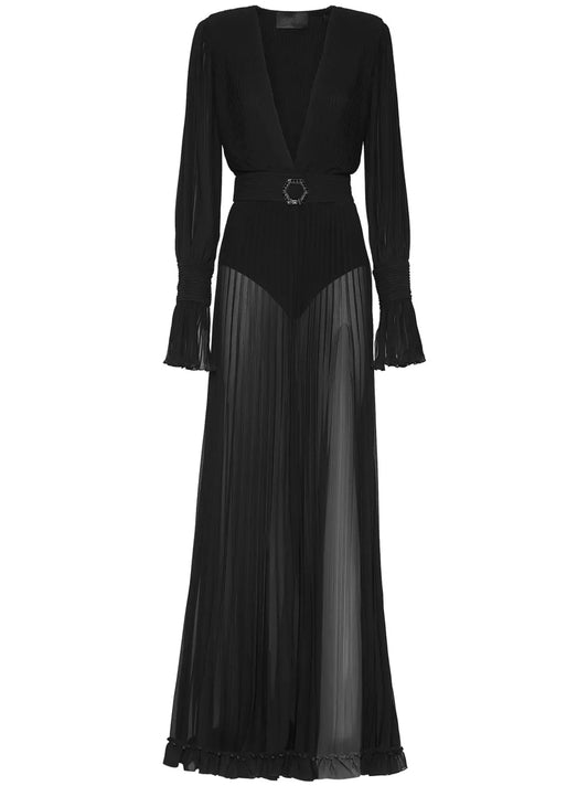 Philipp Plein Fully Pleated Semi Sheer Dress — Black — Size S — Front View
