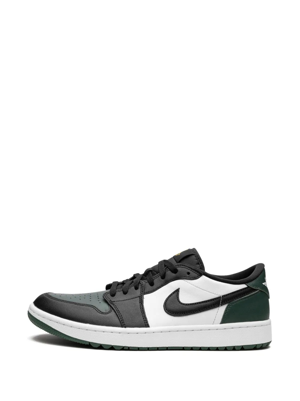Air Jordan 1 Low G White/Black/Noble Green/Pollen Sneakers — Black/Dark Green/White — Size US M 9.5 - US W 11 — Detail View