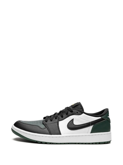 Air Jordan 1 Low G White/Black/Noble Green/Pollen Sneakers — Black/Dark Green/White — Size US M 9.5 - US W 11 — Detail View