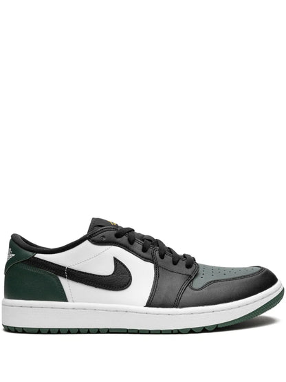 Air Jordan 1 Low G White/Black/Noble Green/Pollen Sneakers — Black/Dark Green/White — Size US M 9.5 - US W 11 — Front View