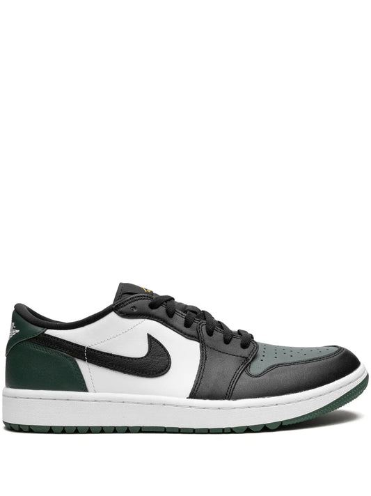 Air Jordan 1 Low G White/Black/Noble Green/Pollen Sneakers — Black/Dark Green/White — Size US M 9.5 - US W 11 — Front View