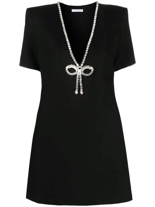 Area Crystal Embellished V Neck Mini Dress — Black — Size XS — Front View