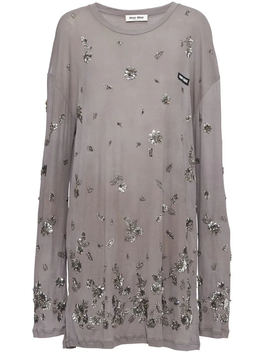 Miu Miu Sequin Embellished Jersey Dress — Grey — Size M — Front View
