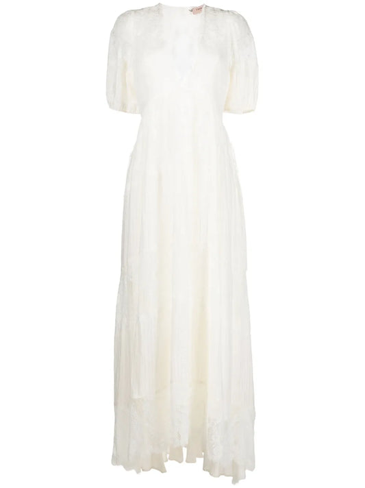 Twinset Long Lace Cotton Dress — White/ Red/ Ivory — Size XS — Front View