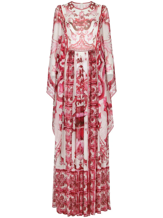 Dolce Gabbana Majolica Print Silk Maxi Dress — White/ Red — Size XS — Front View