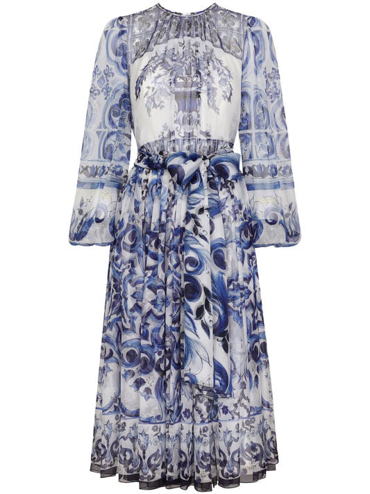 Dolce Gabbana Majolica Print Silk Midi Dress — White/ Blue/ Red — Size XS — Front View