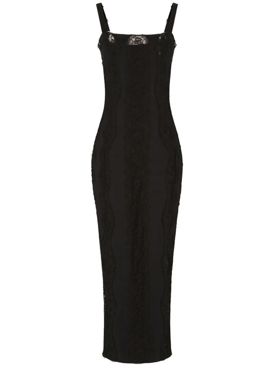 Dolce Gabbana Lace Embellished Midi Dress — Black — Size S — Front View