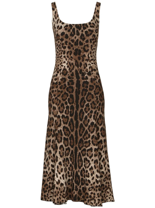 Dolce Gabbana Leopard Print Midi Dress — Black/ Brown/ Red — Size XS — Front View