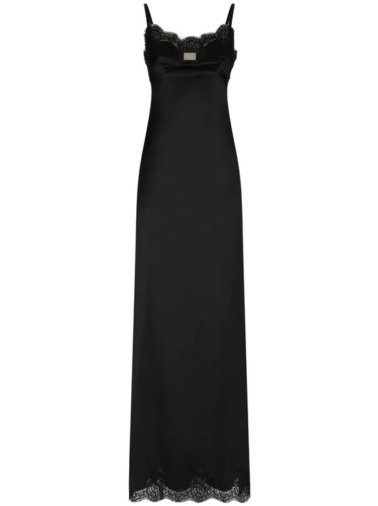 Dolce Gabbana Lace Trimmed Satin Gown — Black/ Red/ Silver — Size XS — Front View