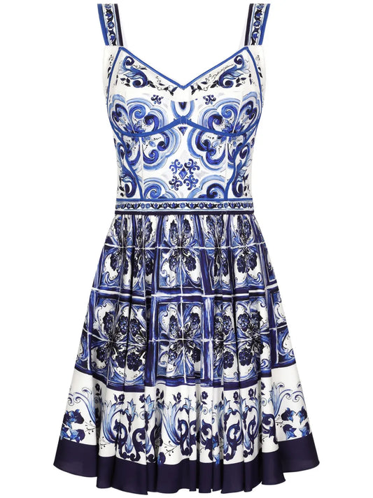 Dolce Gabbana Majolica Print Bustier Minidress — White/ Blue/ Red — Size M — Front View