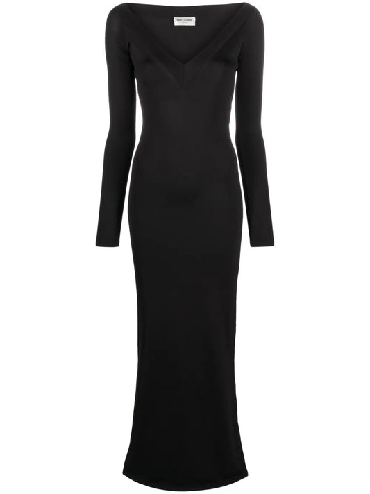 Saint Laurent V Neck Maxi Dress — Black — Size XS — Front View