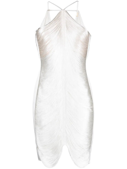 Cult Gaia Mara Halterneck Fringed Minidress — White/ Silver — Size XS — Front View