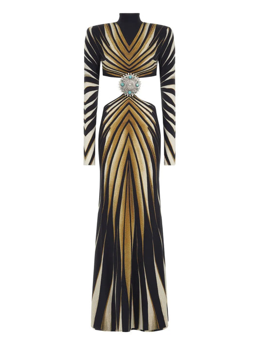 Roberto Cavalli Ray Of Gold Print Gown — Black/ Gold — Size XS — Front View