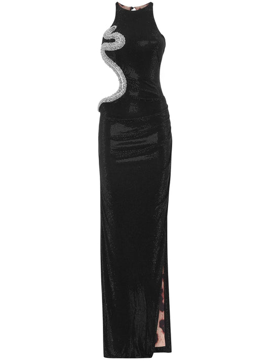 Philipp Plein Crystal Embellished Cut Out Detail Maxi Dress — Black — Size M — Front View