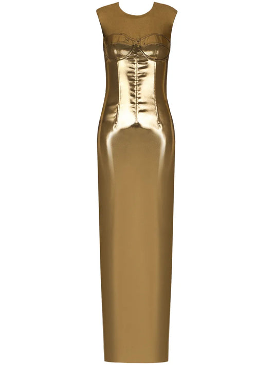 Dolce Gabbana Metallic Bustier Maxi Dress — Gold — Size XS — Front View