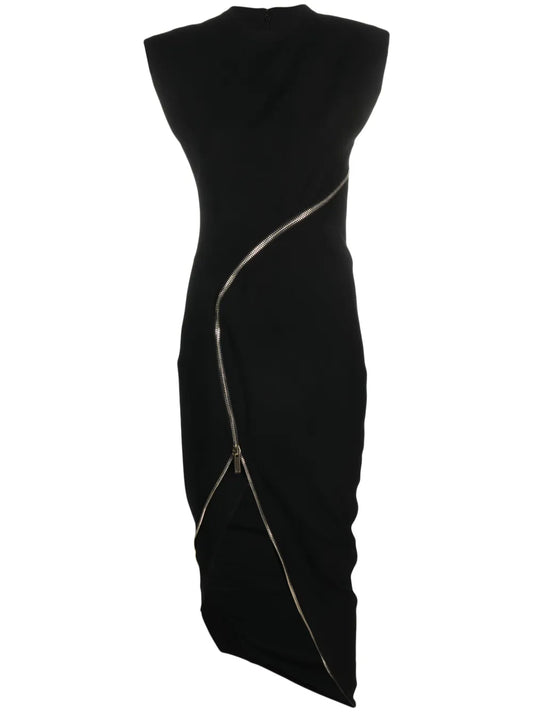 Genny Zip Up Asymmetric Midi Dress — Black — Size XS — Front View