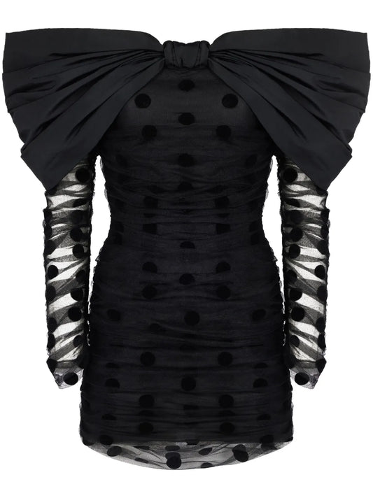 Nina Ricci Oversized Bow Neckline Tulle Dress — Black — Size S — Front View