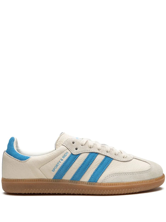 adidas X Sporty And Rich Samba Cream Blue Sneakers — Cream White/Light Blue — Size US M 9 - US W 10.5 — Front View