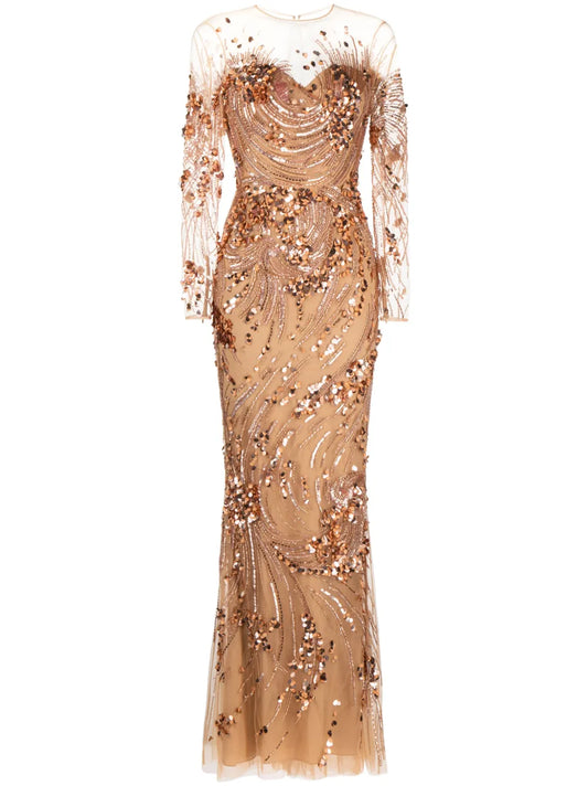 Zuhair Murad Sequin Embellished Maxi Gown Dress — Beige — Size XS — Front View