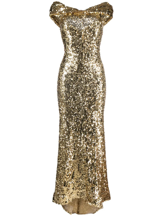 Atu Body Couture Sequin Embellished Gown — Red/ Gold — Size S — Front View