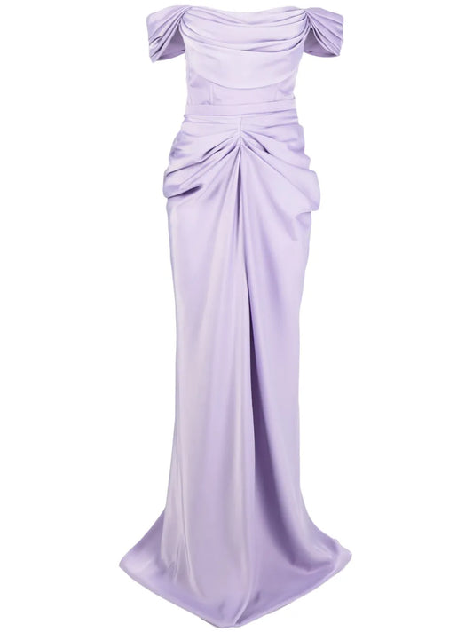 Ana Radu Off Shoulder Satin Maxi Dress — Red/ Purple — Size S — Front View