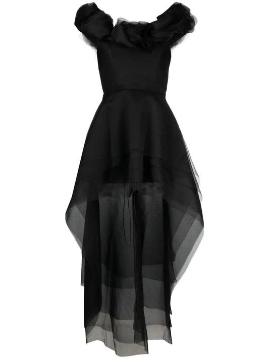 Ana Radu Floral Applique Organza Layered Dress — Black/ Red — Size XS — Front View