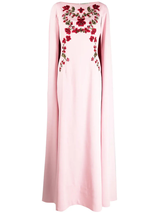 Sachin Babi Vittoria Embroidered Cape Gown — Red/ Green/ Pink — Size XS — Front View