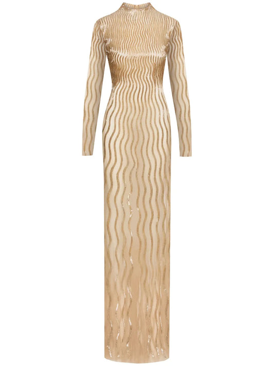 Oscar De La Renta Sequinned Wave Tulle Gown — Gold — Size M — Front View